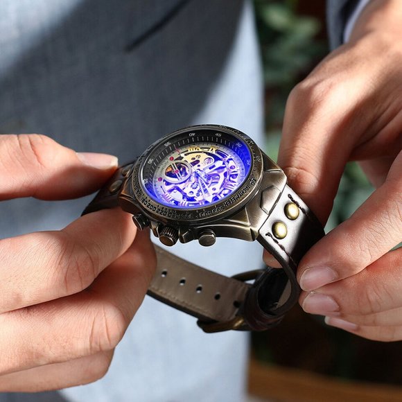 Luxury Men's Automatic Mechanical Wrist Watch Leather Strap Retro Skelet… - Picture 8 of 11